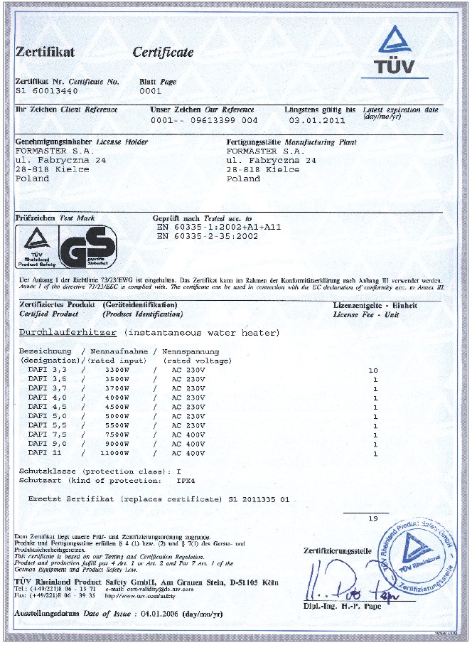Certificado TÜV para calentadores de agua Dafi