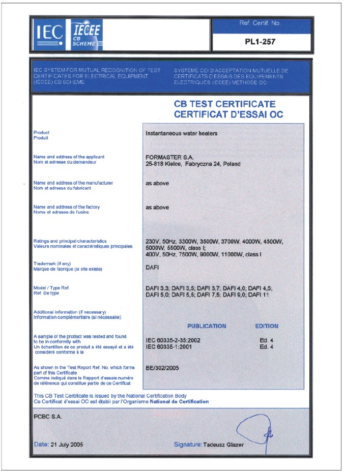 Certificat IECEE pour Dafi chauffe-eau