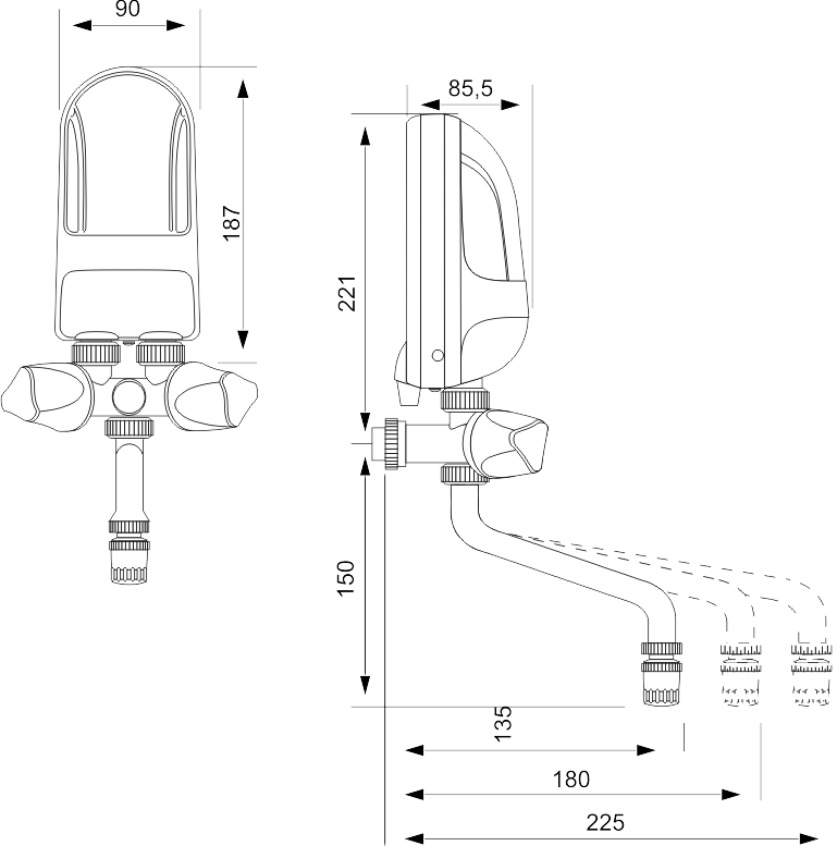 Dimensions Chauffe-eau DAFI 3,7 kW 230 V avec robinet en metal