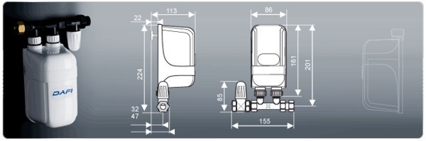Dimensions Dafi chauffe-eau 7,3 kW sous évier avec raccord de tuyau