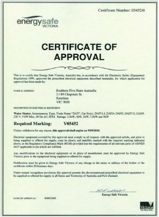 Energy safe certificate for Dafi water heaters