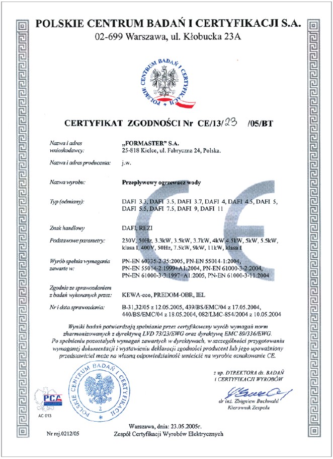 Centre polonais d'essais et le certificat de certification pour Dafi chauffe-eau